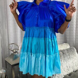 Blue Sateen Tiered Baby Doll Dress